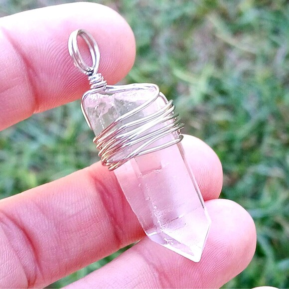 Clear Quartz Crystal Point Pendant, Wire Wrapped, Gemstone Boho 2" - Picture 5 of 5